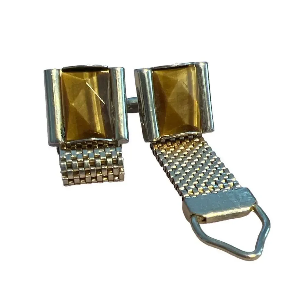 Vintage Tiger’s Eye Wrap Around Mesh Square Goldtone Cufflinks
